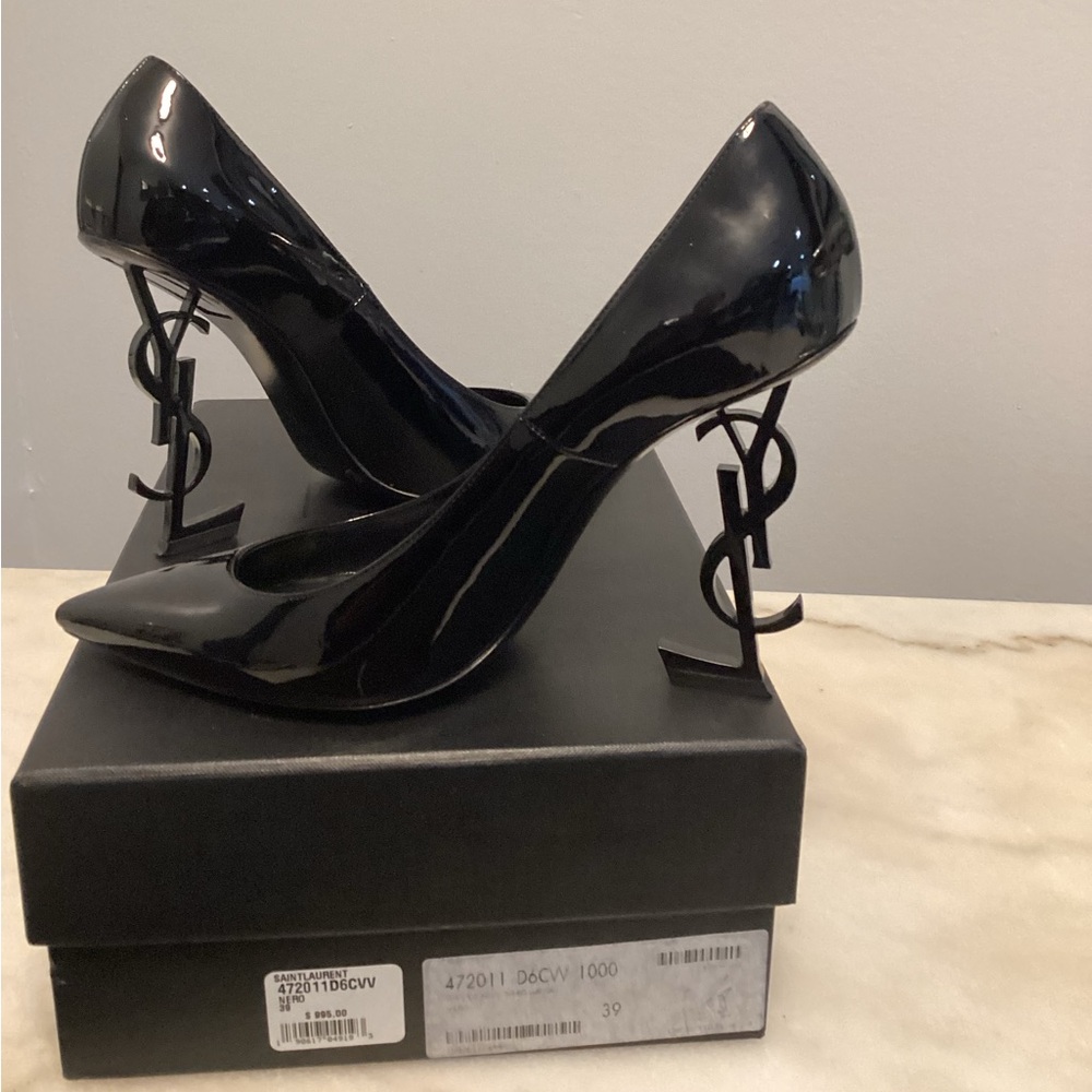 100% Authentic YSL “Opyum” Point Toe Black Patent Leather Logo Pumps